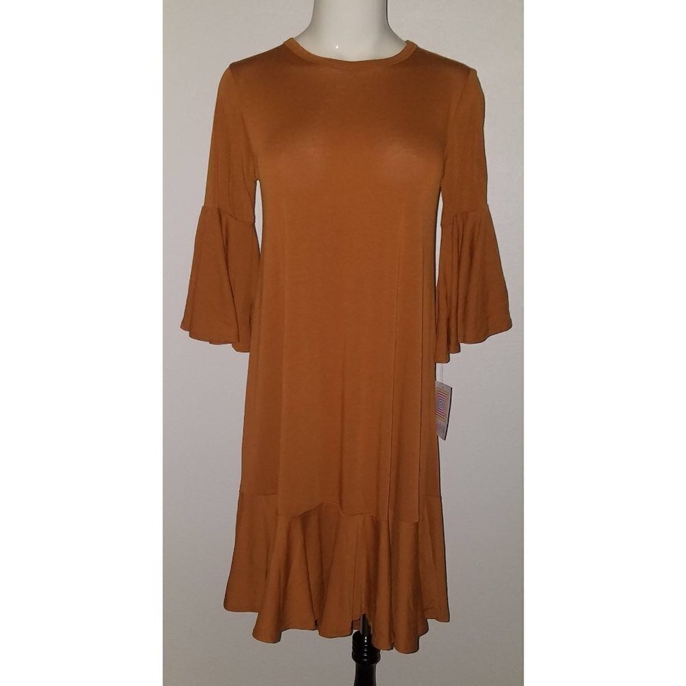 NWT LulaRoe Maurine Solid Brown Swing Dress Size XS Bell Sleeves Ruffled Hemline